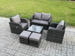 Fimous Rattan Garden Furniture Set Patio Conservatory Indoor Outdoor 6 Piece Set with Love Sofa Square Coffee Table in Dark Grey - thumbnail 2