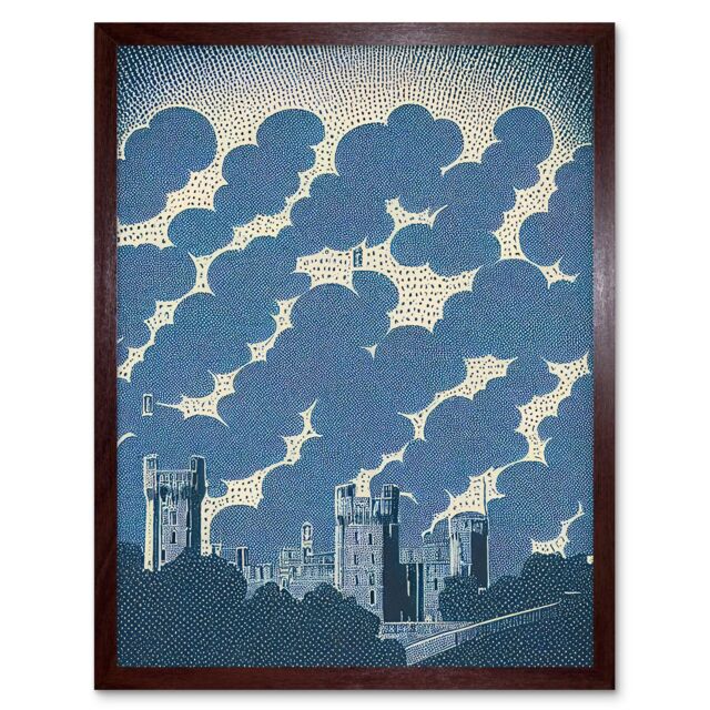 "Artery8 Wall Art Print Windsor Castle with Cloudy Sky Lithograph in Blue Art Framed in Brown - Size: W12"" x H16""" - image 1