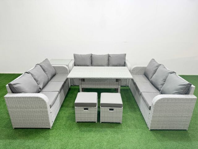 Fimous PE Rattan Lounge Sofa Set 11 Seater Outdoor Garden Furniture Set with Rectangular Dining Table 3 Seater Sofa 2 Stools Side Table Light Grey - image 1