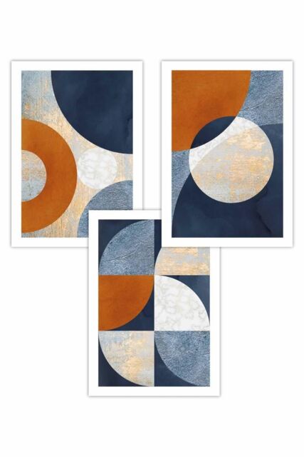 ARTZE Set of 3 Geometric Abstract Textured Circles in Navy Blue Orange Gold Art Posters in Burnt Orange - Size: W50 cm x H70 cm - image 1