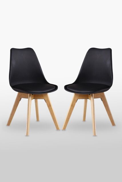 Life Interiors Set of 2 'Tulip Dining Chairs' Leather Padded Seat Solid Wood Legs in Black - image 1