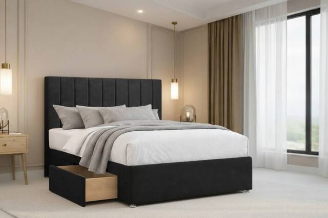 "Nexus Mattresses Ltd Kyoto Plush Divan Bed Base 2 Drawers Same Side - 26"" Headboard in Black - Size: Small Single" - image 1