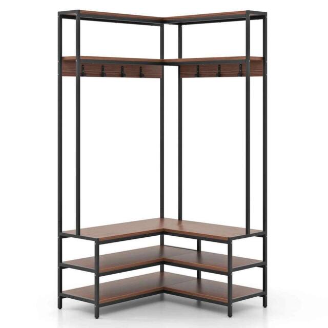 VOGREX Walnut L-Shaped Clothes Rack with 7 Hooks in Brown - image 1