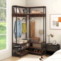 VOGREX Walnut L-Shaped Clothes Rack with 7 Hooks in Brown - thumbnail 3