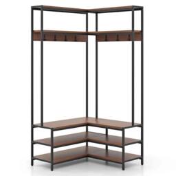 VOGREX Walnut L-Shaped Clothes Rack with 7 Hooks in Brown - thumbnail 1