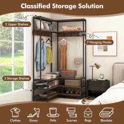 VOGREX Walnut L-Shaped Clothes Rack with 7 Hooks in Brown - thumbnail 6