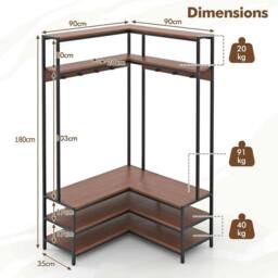 VOGREX Walnut L-Shaped Clothes Rack with 7 Hooks in Brown - thumbnail 2