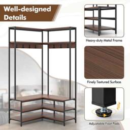 VOGREX Walnut L-Shaped Clothes Rack with 7 Hooks in Brown - thumbnail 4