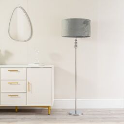 ValueLights Marissa Velvet Drum Shade with Chrome Stacked Ball Floor Lamp in Grey - thumbnail 4
