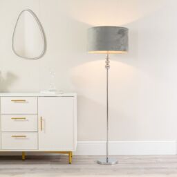 ValueLights Marissa Velvet Drum Shade with Chrome Stacked Ball Floor Lamp in Grey - thumbnail 1