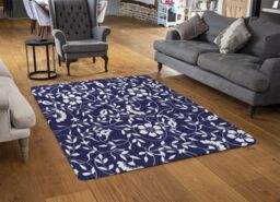 Benjamin Tate Design White Flowers On Navy Rug in Natural - Size: Large - thumbnail 2