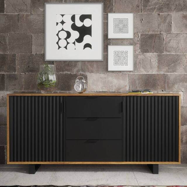 Creative Furniture Blackridge Sideboard 140cm - Dark Oak with Black Fluted Doors & Drawer in Brown - image 1