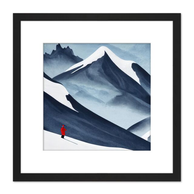 Artery8 Red Coat Skier Skiing On Snowy Mountain Slope Watercolour Illustration Square Wooden Framed Wall Art Print Picture 8X8 Inch in Black - image 1