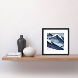 Artery8 Red Coat Skier Skiing On Snowy Mountain Slope Watercolour Illustration Square Wooden Framed Wall Art Print Picture 8X8 Inch in Black - thumbnail 2