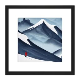 Artery8 Red Coat Skier Skiing On Snowy Mountain Slope Watercolour Illustration Square Wooden Framed Wall Art Print Picture 8X8 Inch in Black - thumbnail 1