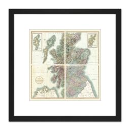 Artery8 Map Antique 1801 Cary Scotland Old Historic Replica 8X8 Inch Square Wooden Framed Wall Art Print Picture with Mount in Black - thumbnail 1