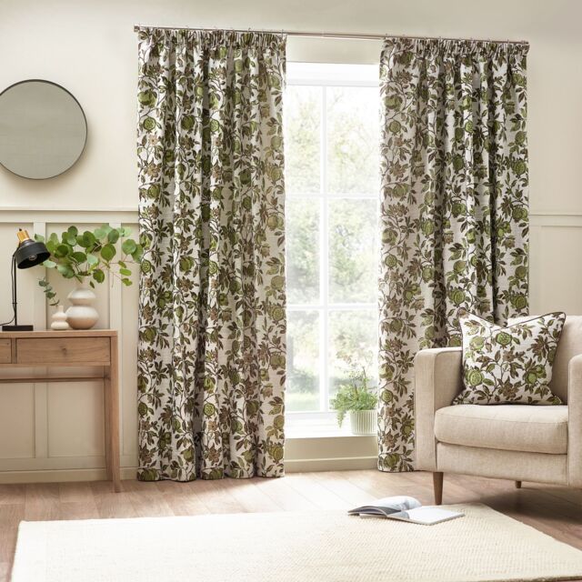 Wylder Tropics Pomegranate Floral Jacquard Pencil Pleat Curtains in Green - Size: 117 cm width x 137 cm drop - image 1