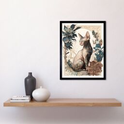 "Artery8 Wall Art Print Sphynx Cat with Flower Blooms Modern Art Nouveau Portrait Art Framed in Black - Size: W12"" x H16""" - thumbnail 2
