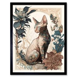 "Artery8 Wall Art Print Sphynx Cat with Flower Blooms Modern Art Nouveau Portrait Art Framed in Black - Size: W12"" x H16""" - thumbnail 1