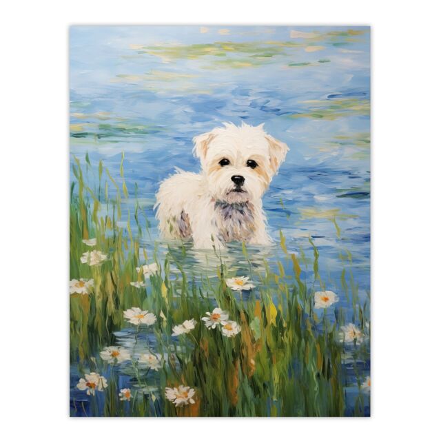 "Artery8 Maltese Dog Claude Monet Style Oil Painting Portrait In Lake By Wildflowers Extra Large XL Unframed Wall Art Poster Print - Size: W24"" x H32""" - image 1