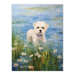 "Artery8 Maltese Dog Claude Monet Style Oil Painting Portrait In Lake By Wildflowers Extra Large XL Unframed Wall Art Poster Print - Size: W24"" x H32""" - thumbnail 1