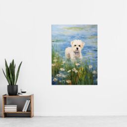 "Artery8 Maltese Dog Claude Monet Style Oil Painting Portrait In Lake By Wildflowers Extra Large XL Unframed Wall Art Poster Print - Size: W24"" x H32""" - thumbnail 4