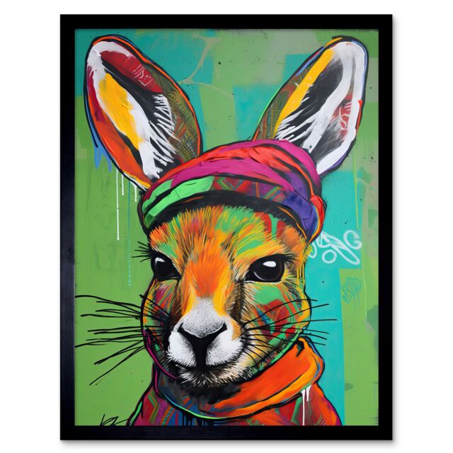 "Artery8 Wall Art Print Rabbit in Winter Clothes Colourful Graffiti Style Art Framed in Black - Size: W12"" x H16""" - image 1