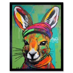 "Artery8 Wall Art Print Rabbit in Winter Clothes Colourful Graffiti Style Art Framed in Black - Size: W12"" x H16""" - thumbnail 1