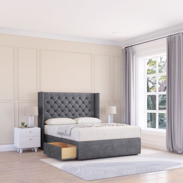 "Sloomy Dior Coniston Wingback Bed Set, 2 Drawers & 54"" Floor Standing Headboard in Dark Grey - Size: Super King" - image 1