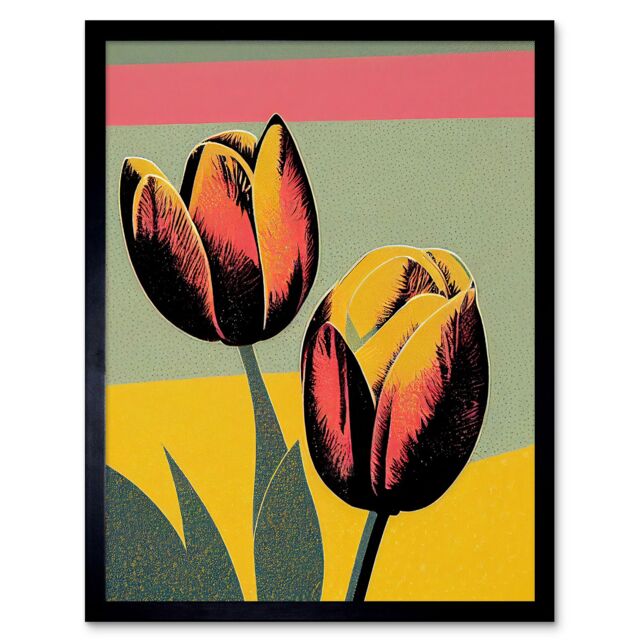"Artery8 Wall Art Print Bright Modern Silkscreen Tulip Blooms Stencil Dusky Pink Sage Green Mustard Yellow Art Framed in Black - Size: W12"" x H16""" - image 1