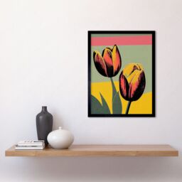 "Artery8 Wall Art Print Bright Modern Silkscreen Tulip Blooms Stencil Dusky Pink Sage Green Mustard Yellow Art Framed in Black - Size: W12"" x H16""" - thumbnail 2
