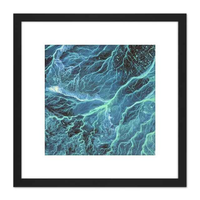 Artery8 Abstract Blue Lightning Ripples 8X8 Inch Square Wooden Framed Wall Art Print Picture with Mount in Black - image 1