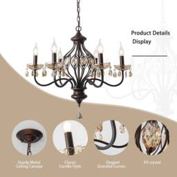 NIVOR 6-Light K9 Crystal Candle Vintage Pandent Chandelier Adjustable Brown - thumbnail 8