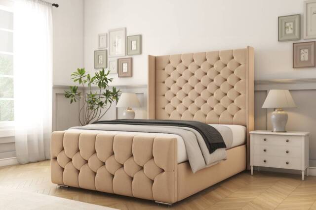 "Comfort Beds Monte Carlo Plush Bed Frame - 50"" Upholstered Wingback Headboard in Stone - Size: Super King" - image 1
