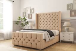 "Comfort Beds Monte Carlo Plush Bed Frame - 50"" Upholstered Wingback Headboard in Stone - Size: Super King"