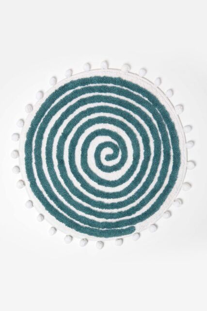 Homescapes Spiral Bath Mat 100% Cotton with Pom Pom Edges in Blue - image 1