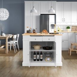 Gymax Kitchen Island Storage Cupboard Drop Leaf Countertop Side Racks 2-Door Cabinet in White - thumbnail 4