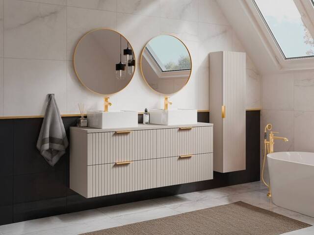 Vente-unique Fluted Wall-Hung Bathroom Unit With Square Countertop Basin & Tall in Beige - image 1