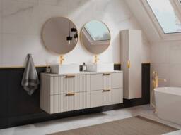 Vente-unique Fluted Wall-Hung Bathroom Unit With Square Countertop Basin & Tall in Beige