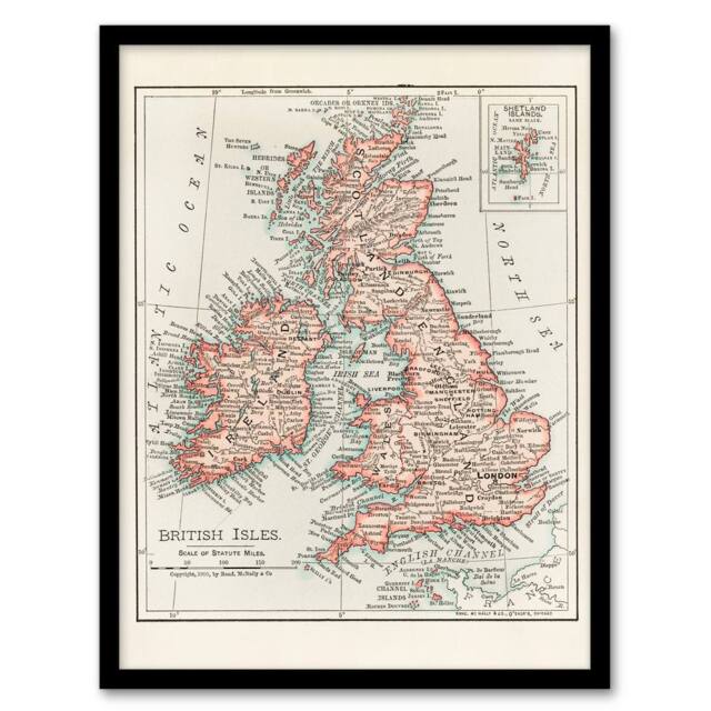 Artery8 Rand Mcnally & Co Framed Wall Art Vintage 1900 British Isles Map in White - Size: A4 - image 1