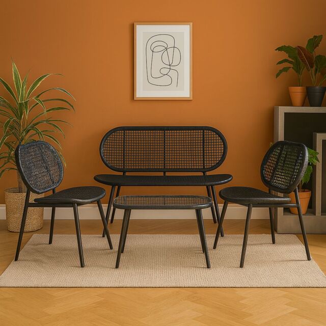 Home Republic Rattan Garden Set with Sofa, Chairs & Table Black 4 Piece - Size: 26.4L