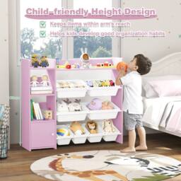 Costway Kids Bookshelf Toy Storage Organizer w/ 8 Storage Boxes in Pink - thumbnail 9