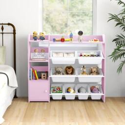 Costway Kids Bookshelf Toy Storage Organizer w/ 8 Storage Boxes in Pink - thumbnail 6