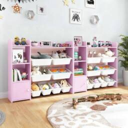 Costway Kids Bookshelf Toy Storage Organizer w/ 8 Storage Boxes in Pink - thumbnail 4