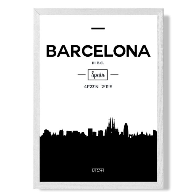 ARTZE Barcelona Black & White City Skyline Framed Print SIZE: A2 with White Frame - Size: A4 - image 1
