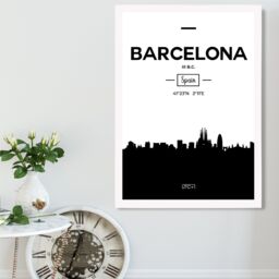 ARTZE Barcelona Black & White City Skyline Framed Print SIZE: A2 with White Frame - Size: A4 - thumbnail 2