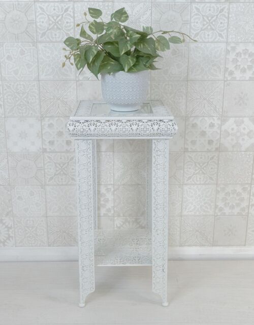 Downton Interiors White Embossed Metal Mirrored Glass Side Table with Shelf - Agadir Range - Size: Medium - image 1