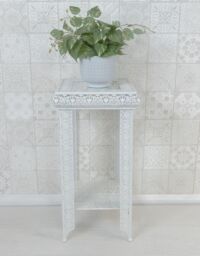 Downton Interiors White Embossed Metal Mirrored Glass Side Table with Shelf - Agadir Range - Size: Medium - thumbnail 1
