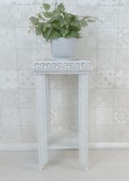 Downton Interiors White Embossed Metal Mirrored Glass Side Table with Shelf - Agadir Range - Size: Medium - thumbnail 3
