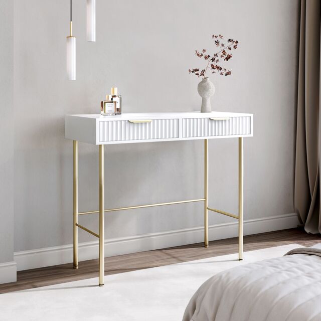 CARME HOME Maya White Dressing Table - Drawers with ribbed front finish & grey velvet lining - image 1